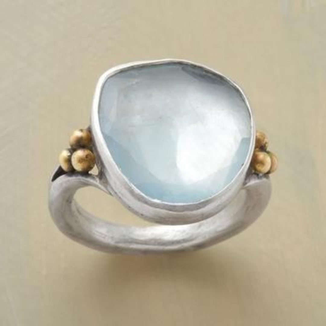 Anillo Vintage Cristal Oceánico en Plata