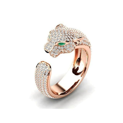 Anillo Jaguar Ajustable en Plata y Oro Rose de 18K con Ojos en Circonita Verde